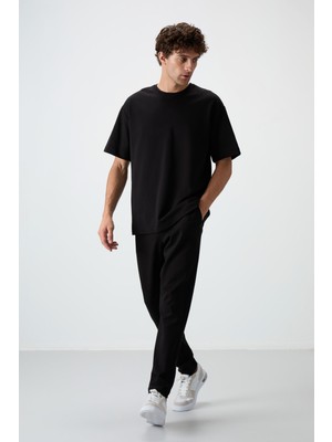 Air Jones Siyah Pamuklu Kalın Yumuşak Dokulu Oversize Fit Basic Erkek Eşofman Takım - 85251