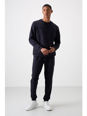 Air Jones Lacivert Pamuklu Kalın Yumuşak Dokulu Comfort Fit Baskılı Erkek Eşofman Takım - 85253
