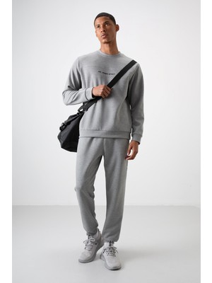 Air Jones Gri Melanj Pamuklu Kalın Yumuşak Dokulu Comfort Fit Baskılı Erkek Eşofman Takım - 85253