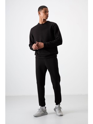Air Jones Siyah - Siyah Pamuklu Kalın Yumuşak Dokulu Comfort Fit Nakışlı Erkek Eşofman Takım - 85254
