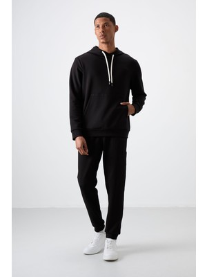Air Jones Siyah - Siyah Pamuklu Kalın Yumuşak Dokulu Comfort Fit Nakışlı Erkek Eşofman Takım - 85255