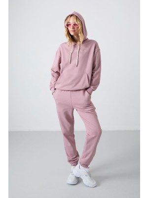 Tommy Life Gül Kurusu Kapüşonlu Kanguru Cep Oversize Lastik Paça Kadın Eşofman Takımı - 95288