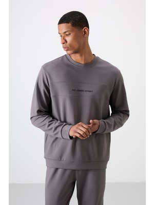 Air Jones Koyu Gri Pamuklu Kalın Yumuşak Dokulu Comfort Fit Baskılı Erkek Eşofman Takım - 85253