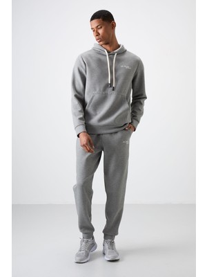Air Jones Gri Melanj Pamuklu Kalın Yumuşak Dokulu Comfort Fit Nakışlı Erkek Eşofman Takım - 85255