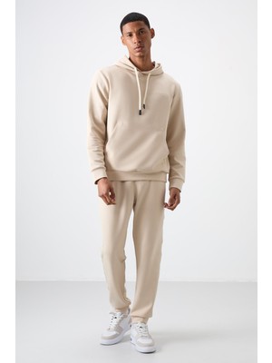 Air Jones Bej Pamuklu Kalın Yumuşak Dokulu Comfort Fit Nakışlı Erkek Eşofman Takım - 85255