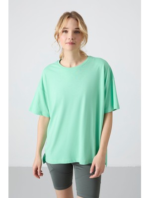 Tommy Life Su Yeşili Penye Modal Yumuşak Tuşeli Oversize Fit Basic Kadın T-Shirt- 97285