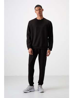 Air Jones Siyah - Siyah Pamuklu Kalın Yumuşak Dokulu Comfort Fit Baskılı Erkek Eşofman Takım - 85253