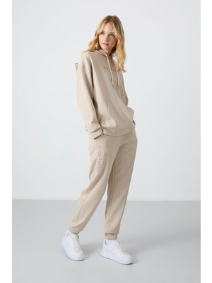 Tommy Life Bej Kapüşonlu Kanguru Cep Oversize Lastik Paça Kadın Eşofman Takımı - 95288