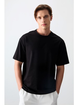 Air Jones Siyah Pamuklu Kalın Yumuşak Dokulu Oversize Fit Basic Erkek T-Shirt - 88377