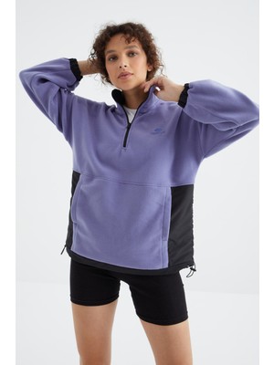 Açık Eflatun Yarım Fermuar Etek Ucu Büzgülü Dik Yaka  Oversize Kadın Polar Sweatshirt - 97236