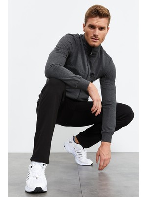Tommy Life Antrasit Melanj - Siyah Dik Yaka Fermuarlı Standart Kalıp Klasik Paça Erkek Eşofman Takımı - 85152