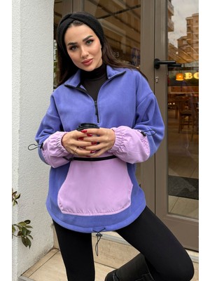 Açık Eflatun Etek Ucu Büzgülü Yarım Fermuarlı Oversize Kadın Polar Sweatshirt - 97238