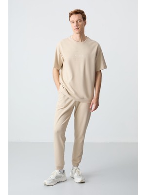Air Jones Bej Pamuklu Kalın Yumuşak Dokulu Oversize Fit Basic Erkek Eşofman Takım - 85261