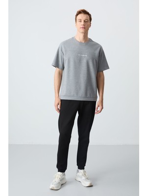 Air Jones Gri Melanj  Siyah Pamuklu Kalın Yumuşak Dokulu Oversize Fit Basic Erkek Eşofman Takım - 85261