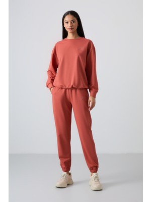 Tommy Life Tarçın Basic Pamuklu O Yaka Oversize Lastik Paça Kadın Eşofman Takım - 95287