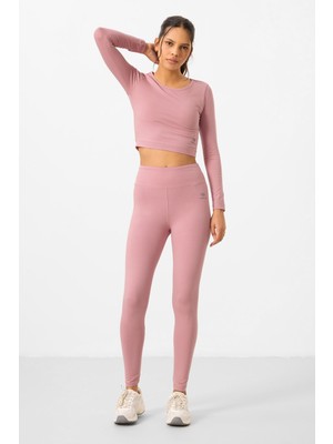 Gül Kurusu Yüksek Bel Uzun Kollu Slim Fit Crop Top Kadın Tayt Takım - 95286