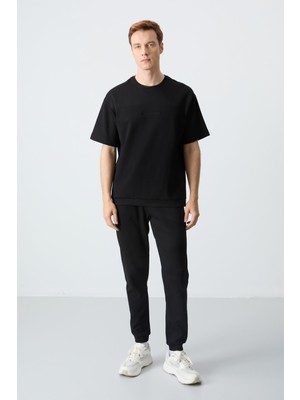 Air Jones Siyah Pamuklu Kalın Yumuşak Dokulu Oversize Fit Basic Erkek Eşofman Takım - 85261