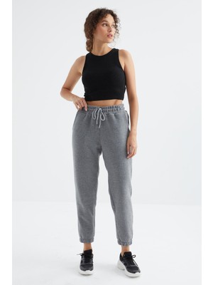 Tommy Life Gri Melanj Yüksek Bel Basic Bağcıklı Jogger Polar Kadın Eşofman Alt - 94622
