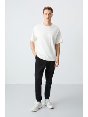 Air Jones Ekru Siyah Pamuklu Kalın Yumuşak Dokulu Oversize Fit Basic Erkek Eşofman Takım - 85261