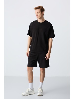 Siyah Pamuklu Kalın Yumuşak Dokulu Oversize Fit Basic Erkek Şort Takım - 85257