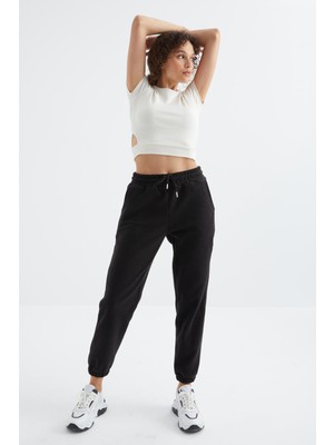 Tommy Life Siyah Yüksek Bel Basic Bağcıklı Jogger Polar Kadın Eşofman Alt - 94622