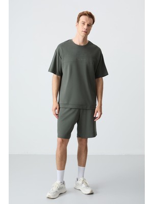 Air Jones Haki Pamuklu Kalın Yumuşak Dokulu Oversize Fit Basic Erkek Şort Takım - 85257