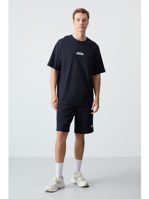 Air Jones Lacivert Pamuklu Kalın Yumuşak Dokulu Oversize Fit Basic Erkek Şort Takım - 85259