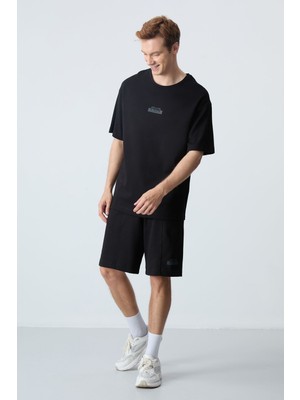 Air Jones Siyah Pamuklu Kalın Yumuşak Dokulu Oversize Fit Basic Erkek Şort Takım - 85259