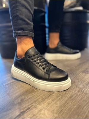 Ramer JY144 Volt Bağcıklı Cilt Erkek Günlük Sneaker Yüksek Taban Ayakkabı Cbt Siyah