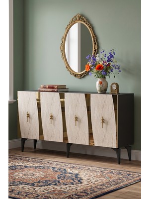 Yumedi Design KA1507ATG - Başarı Konsol, Tv Sehpası, Çok Amaçlı Dolap ve Kahve Köşesi 150CM Antrasit-Traverten-Gold
