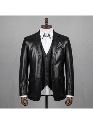 Derimontaya Erkek Siyah Blazer Hakiki Deri Mont Ceket