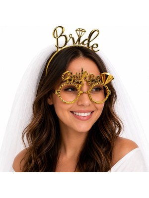 Colezium Bride Yazılı Gold Taç ve Parti Gözlüğü Seti