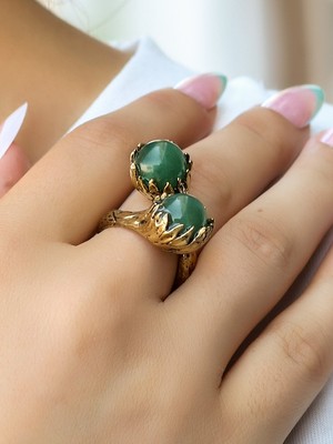 Esha Store Doğal Taş Yeşil Akik 2'li Doğal Taşlı Antik Model Kadın Ayarlanabillir Yüzük EUY90YA