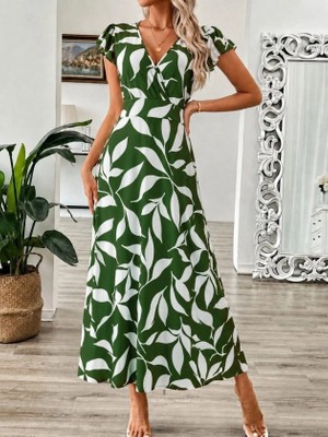 Defy Moda Kadın Kısa Kollu Kruvaze Yakalı Desenli Uzun Süprem Elbise