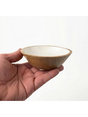 Belirtilmemiş Deconox Mango Ağacı Kase - Içi Krem Emaye (Enamel) Kaplama 13 cm Dekoratif Ahşap Sunum Kasesi - Lek