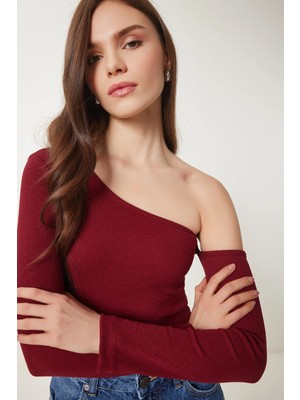 TeknoKapsül Happiness Istanbul Kadın Bordo Açık Omuzlu Fitilli Örme Bluz TG00011
