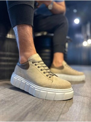 Ramer JY144 Volt Bağcıklı Süet Erkek Günlük Sneaker Yüksek Taban Ayakkabı Sbt Krem