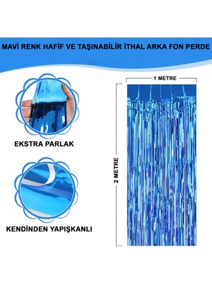 Ulu Pazarlama Mavi Renk Ekstra Metalize Parlak Saçaklı Arka Fon Perde Ithal A Kalite 1x2 Metre