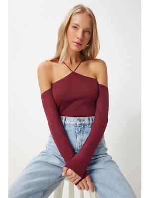 TeknoKapsül Happiness Istanbul Kadın Bordo Çapraz Ipli Triko Bluz  FN03340