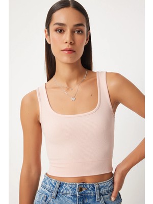 TeknoKapsül Happiness Istanbul Kadın Açık Pudra Kare Yaka Askılı Fitilli Crop Bluz BF00058