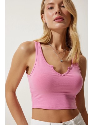 TeknoKapsül Happiness Istanbul Kadın Pembe Askılı Crop Örme Bluz OW00030