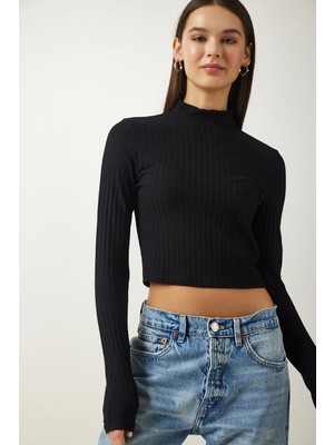 TeknoKapsül Happiness Istanbul Kadın Siyah Balıkçı Yaka Fitilli Crop Örme Bluz AH00153
