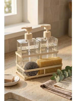 Makri Home Krem Metal Stantlı Pole Ikili Cam Sıvı Sabunluk Seti – 2 x 500 Ml, 18,5 x 9,5 x 22,5 Cm, Sünger ve Bulaşık Teli Dahil