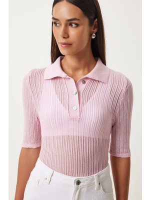 TeknoKapsül Happiness Istanbul Kadın Pembe Polo Yaka Hafif Transparan Triko Bluz  FN03211