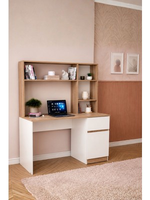 Rudu Asel Çalışma Bilgisayar Masası 104X51X150 cm Raflı 1 Çekmeceli 1 Kapaklı Beyaz