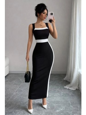 Defy Moda Kadın Askılı Geometrik Yakalı Şerit Detaylı Uzun Dalgıç Elbise