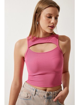 TeknoKapsül Happiness Istanbul Kadın Pembe Cut Out Detaylı Fitilli Crop Örme Bluz KH00089