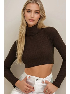 TeknoKapsül Trend Alaçatı Stili Kadın Kahve Balıkçı Yaka Fitilli Basic Crop Body Bluz ALC-695-001