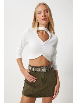 TeknoKapsül Happiness Istanbul Kadın Ekru Cut Out Detaylı Büzgülü Crop Örme Bluz  FN03369