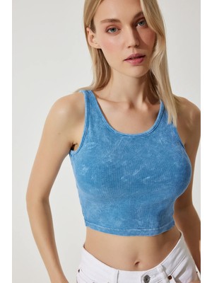 TeknoKapsül Happiness Istanbul Kadın Mavi Halter Yaka Yıkamalı Crop Örme bluz NJ00135